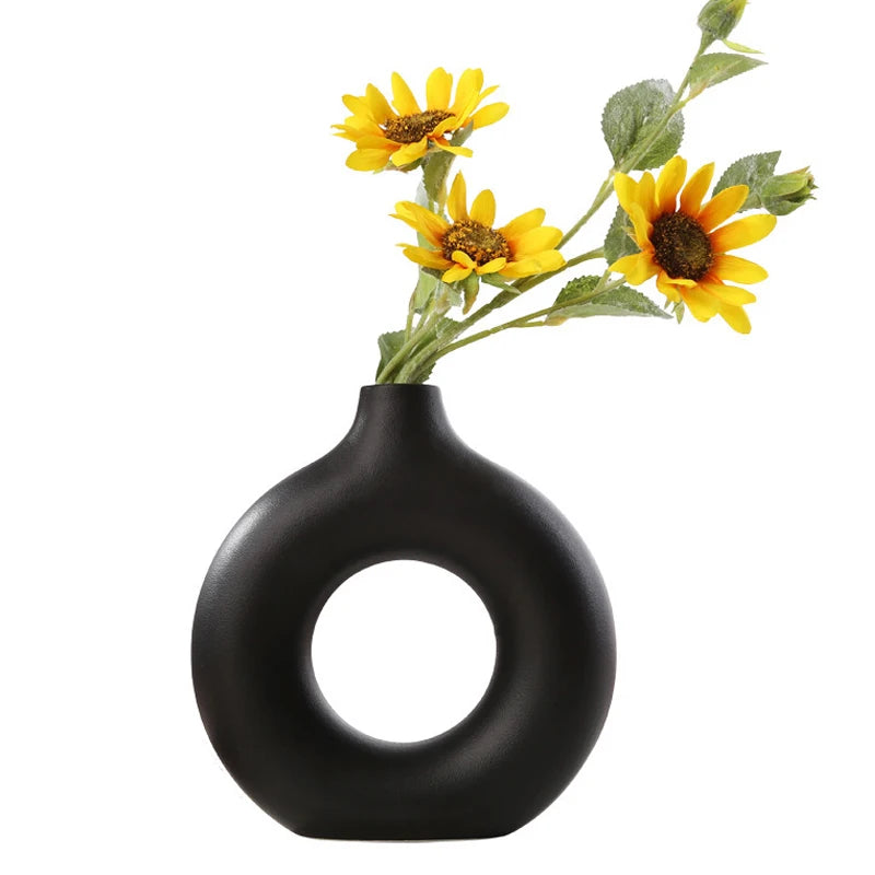 Nordic Hollow Ceramic Circular Vase, Donut Shape Flower Pot, Home Decor Accessories for Living Room, Office and Gift