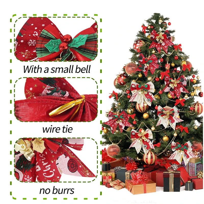 Mini nœud décoratif pour sapin de noël, 5 pièces/paquet, ruban décoratif pour nouvel an, fête de noël, maison, pendentifs en forme de cloche