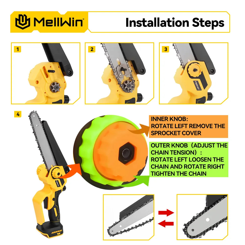 MELLWIN – scie à chaîne électrique sans balais de 8 pouces, tronçonneuse sans fil pour coupe du bois, outil de scie pour Makita, broche de batterie 18V