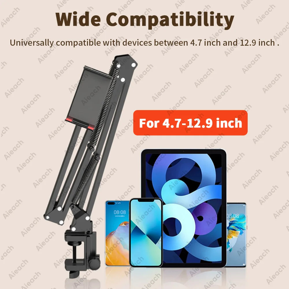 360° Rotating Tablet Stand with 90cm Metal Arm for 4.7-12.9 inch iPad and Phone 