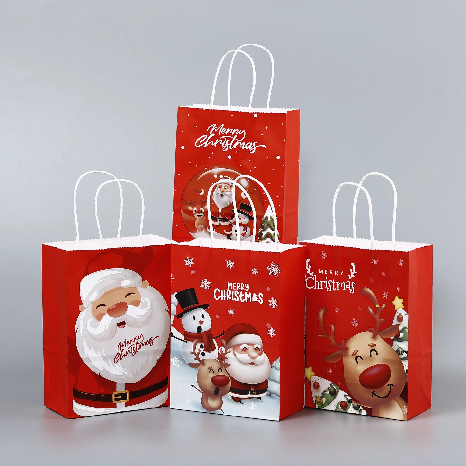 Sacs cadeaux de Noël en papier kraft rouge avec poignée – Motifs flocon, élan et Père Noël, lot de 8 ou 16 pièces, décoration festive