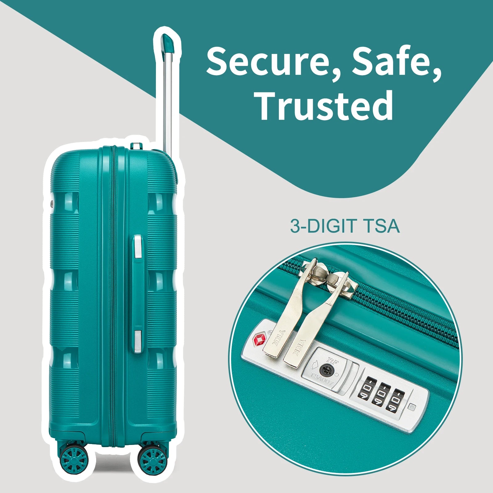 Bagages rigides Polypropylène KONO 3 pièces – léger, 4 rouleaux doubles, serrure TSA, valises 55/65/75 cm