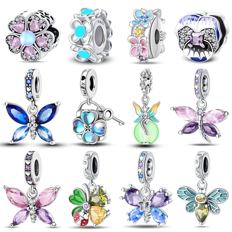 Silver charms for Pandora bracelets, gemstone, butterfly, dragonfly, flowers, DIY, small fresh jewelry, 925 original 