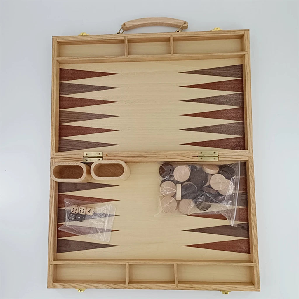 Backgammon en bois jeu de société de stratégie classique, pièces de jeu en bois et accessoire