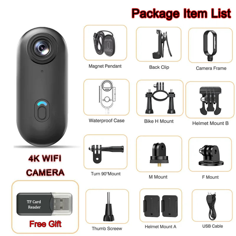 Caméra Vlog 4K HD JETO, Mini Bodycam Ultra compacte sans fil et étanche pour sport et aventure sous-marine