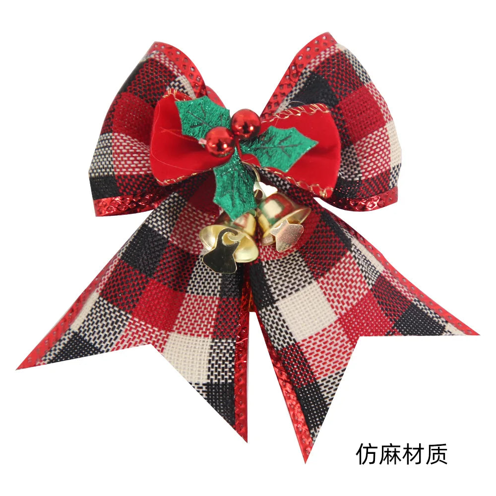 Noeud de ruban de lin vintage, décorations d'arbre de Noël, nœuds de cloche, décoration de boîte cadeau de fête à la maison, paquet de 4 pièces