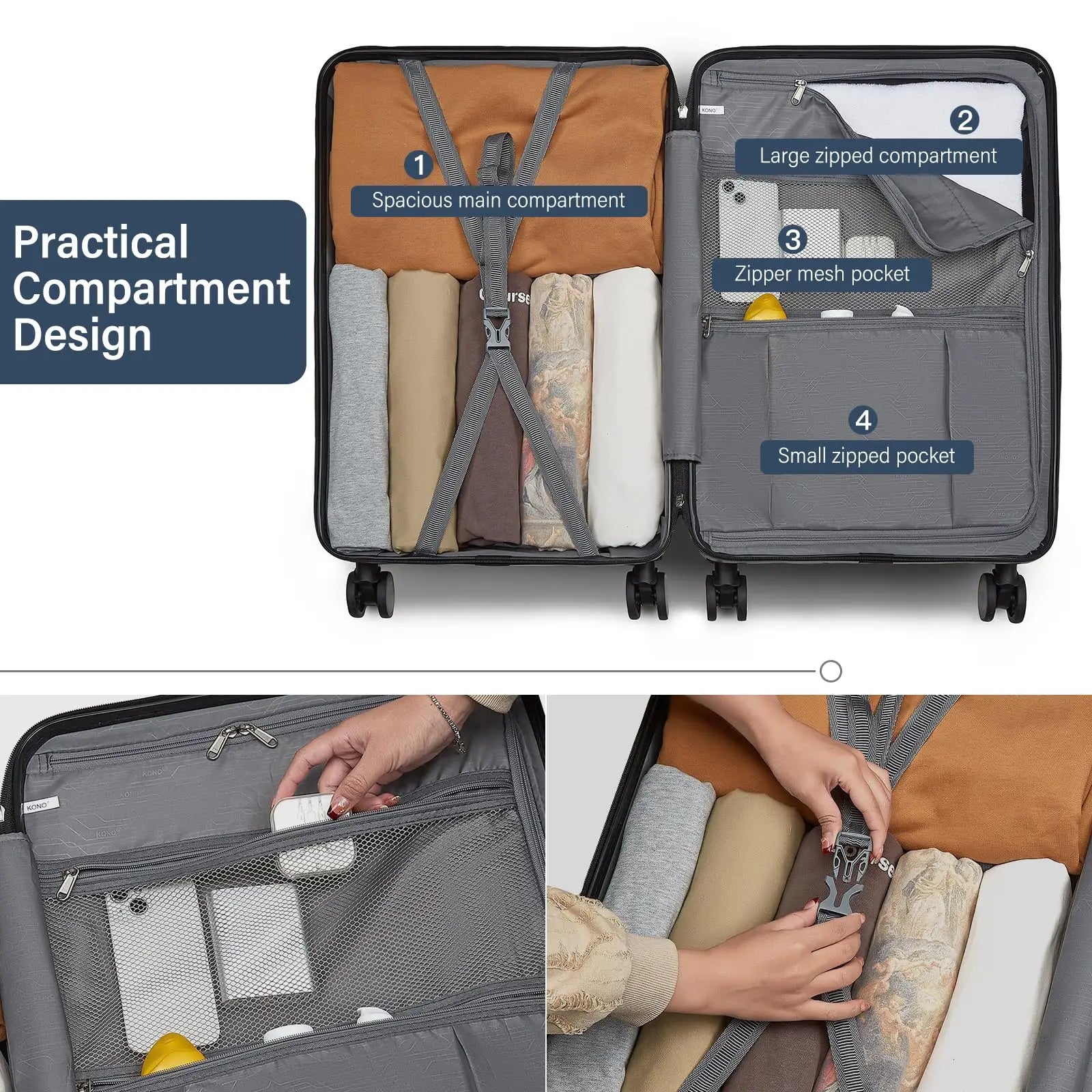 Valise rigide ABS + PC KONO, cabine et soute, serrure TSA et 4 roues pivotantes