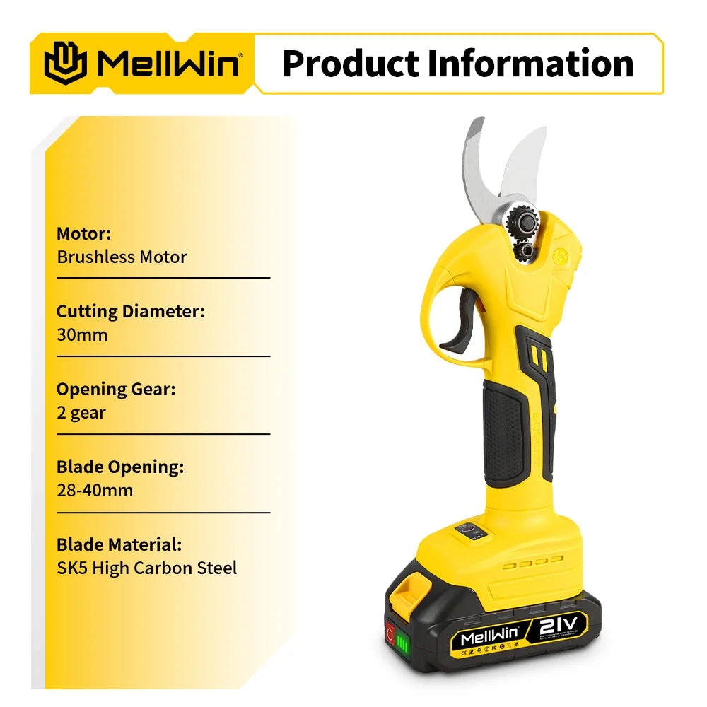 MELLWIN 30mm ciseaux de taille électriques sans brosse 2 vitesses sans fil arbre fruitier bonsaï sécateur outil de cisaillement pour Makita 18V batterie broche