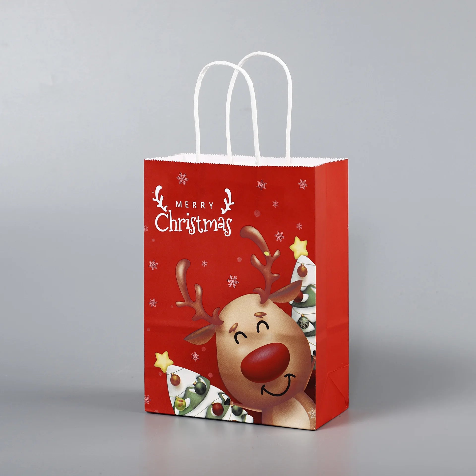 Sacs cadeaux de Noël en papier kraft rouge avec poignée – Motifs flocon, élan et Père Noël, lot de 8 ou 16 pièces, décoration festive