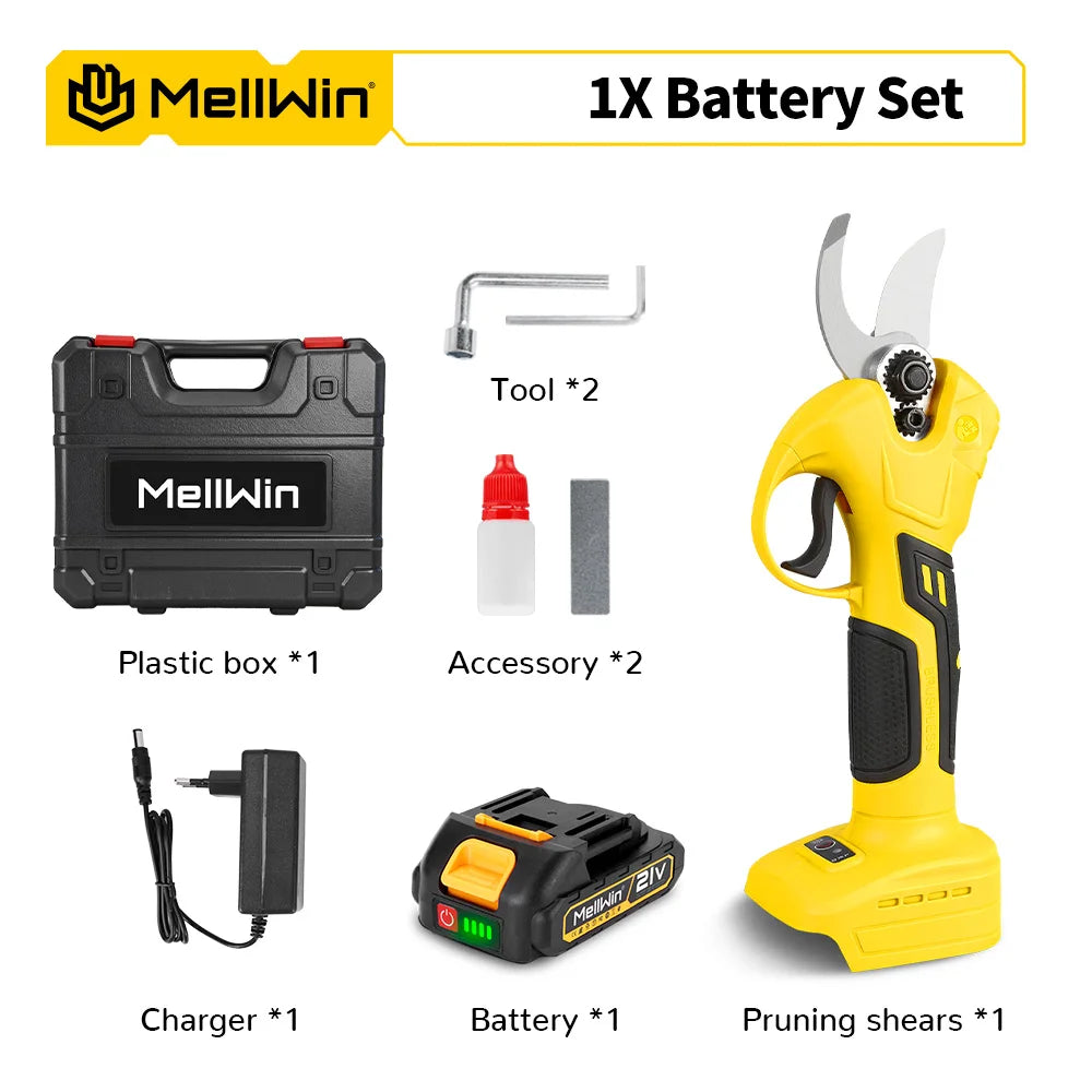 Ciseaux de taille électriques sans balais 30 mm MELLWIN – sécateur sans fil 2 vitesses pour arbres fruitiers et bonsaïs compatible 18 V