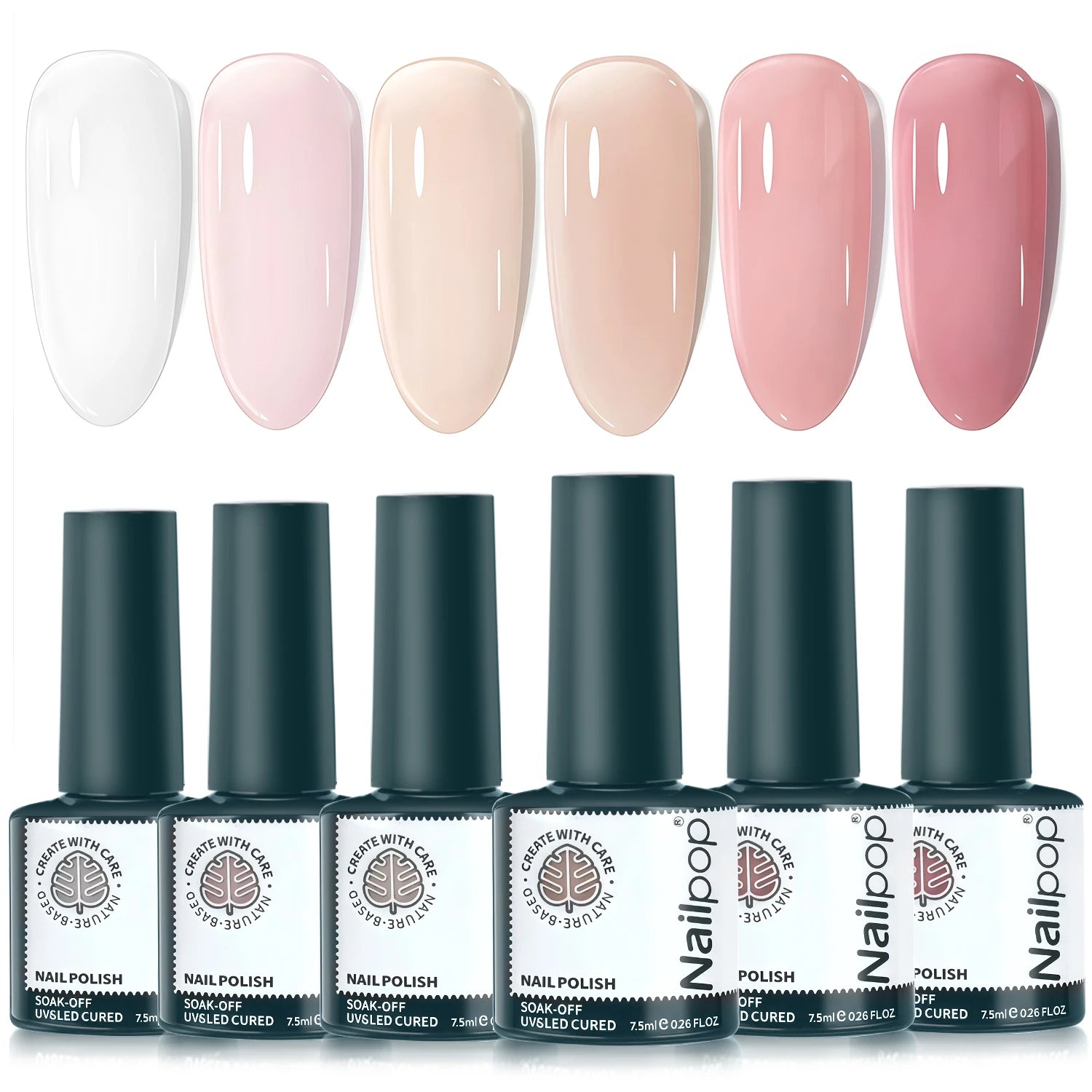 Vernis Gel Professionnel Jelly 6 Couleurs Translucides UV/LED, Soak Off, Salon et Nail Art, Nude et Rose, 7,5 ml