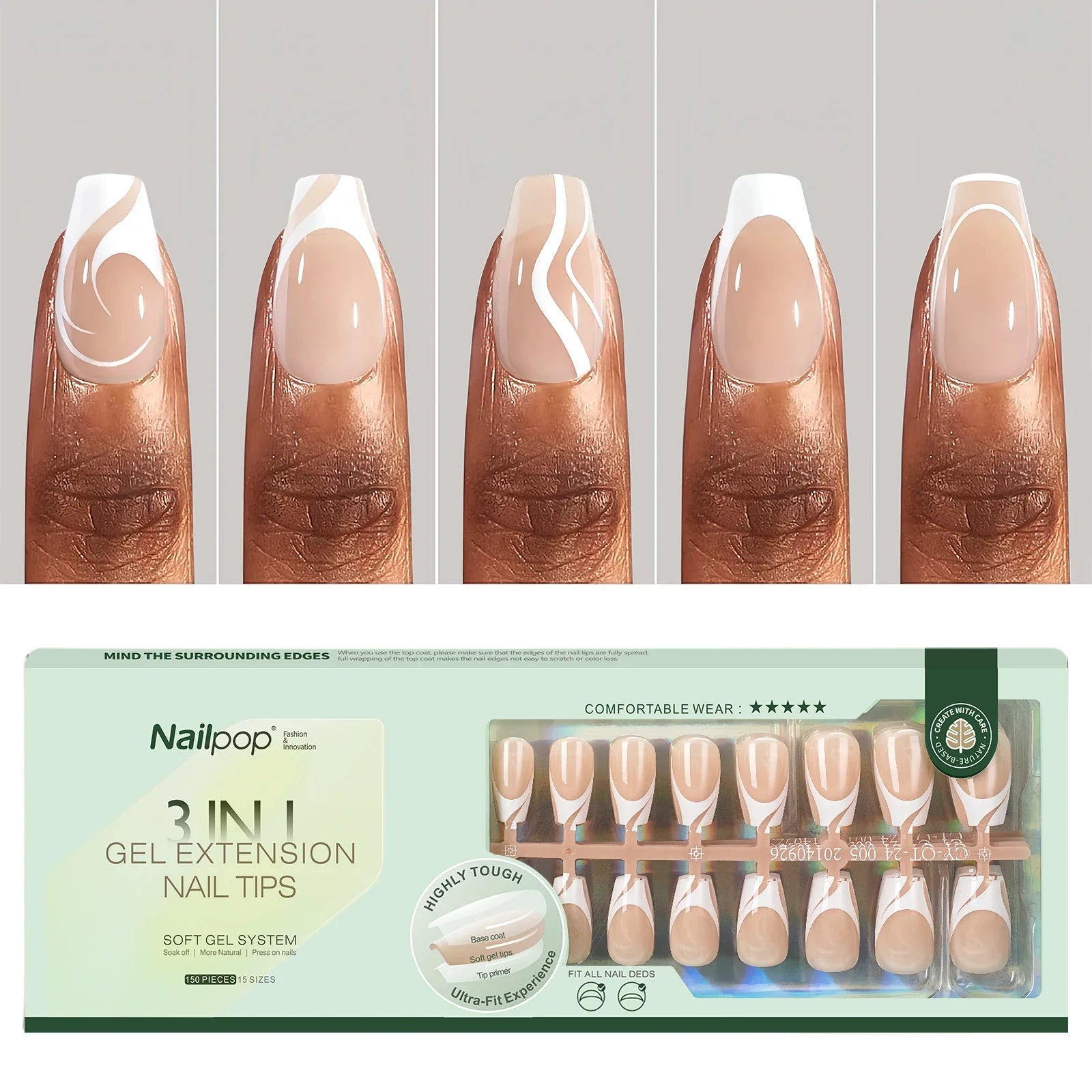 Pointes d’Ongles en Gel Français Pré-Colorées - Nailpop 150 pièces