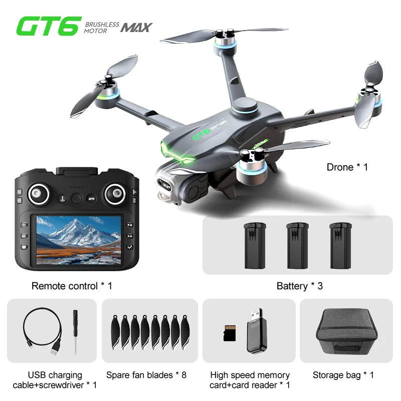 Drone GT6 Max – Drone GPS Pliable 6K HD, Double Caméra, Écran, FPV, Évitement d’Obstacles, Jouet RC pour Enfants et Adultes