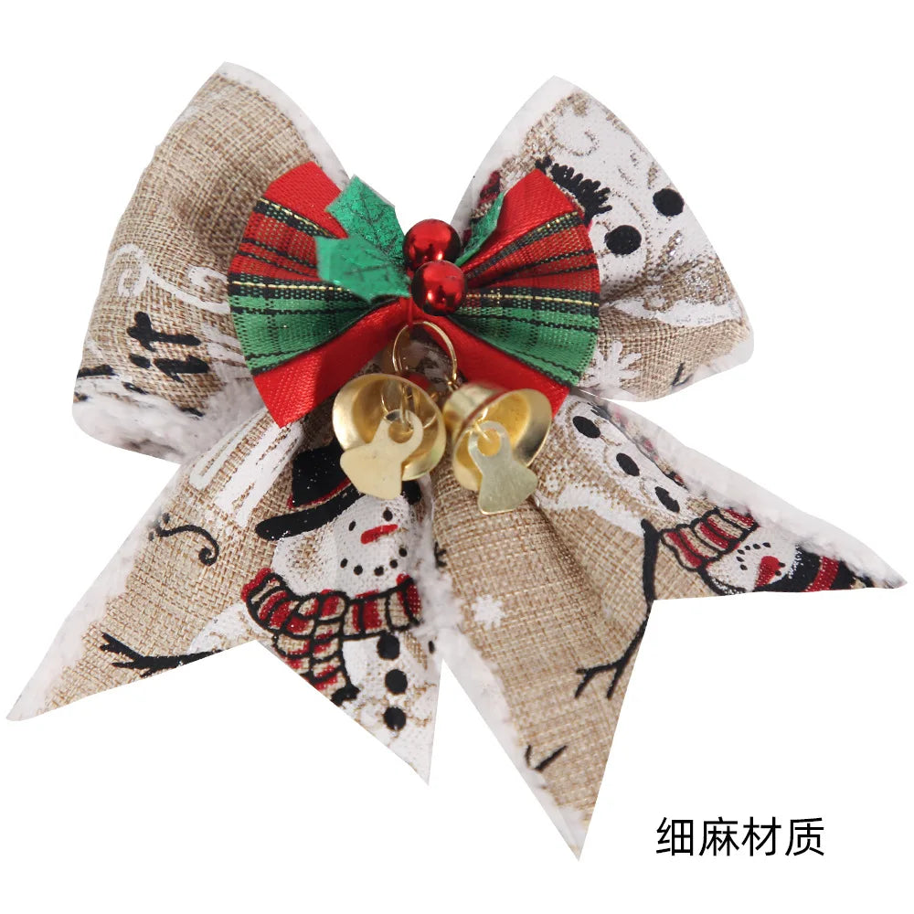 Noeud de ruban de lin vintage, décorations d'arbre de Noël, nœuds de cloche, décoration de boîte cadeau de fête à la maison, paquet de 4 pièces