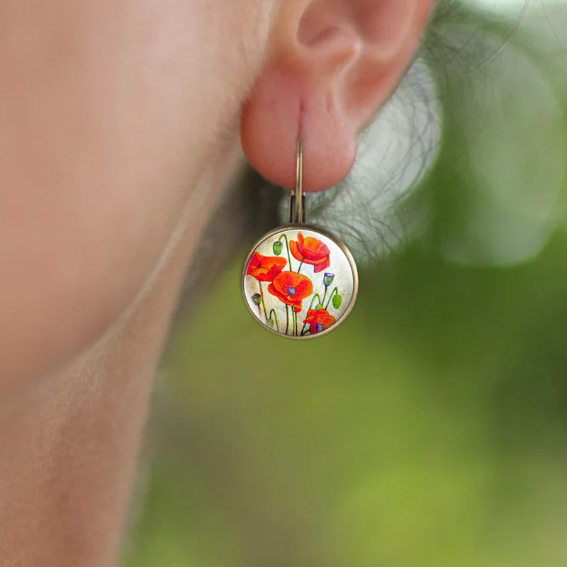 Hot Sale Glass Dome Alloy Earrings with Pop Jewelry and Floral Painting,Noble Fashion Gift