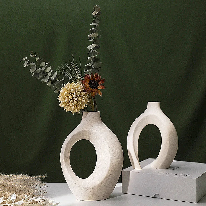 White Ceramic Circular Hollow Vase for Home Decor Wooden Flower Pot Office Living Room Home Decoration Accessories