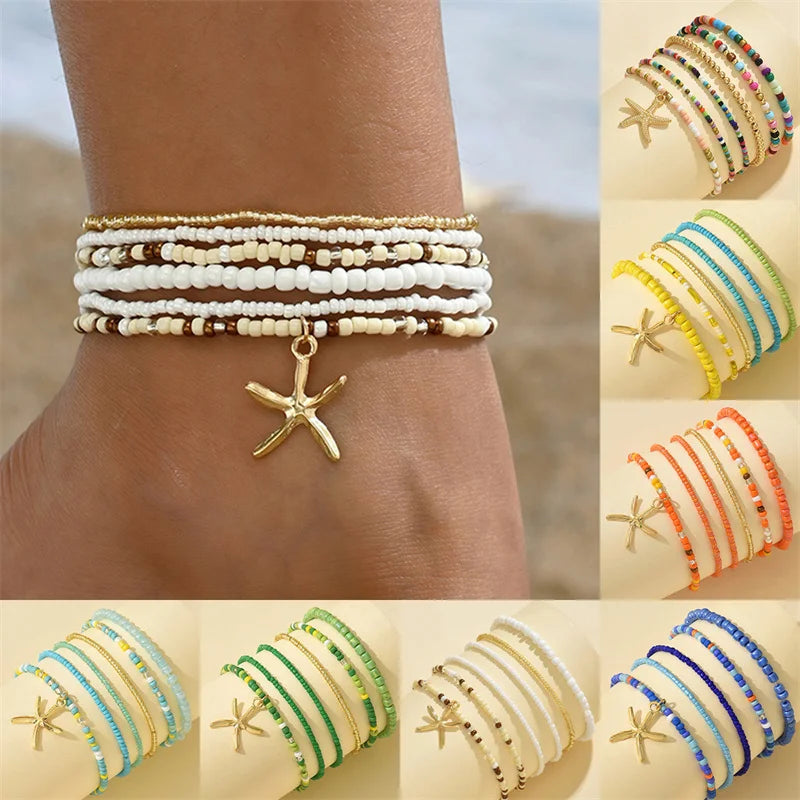 Colorful Beaded Anklet for Women Starfish Pendant Rice Beads Summer Fashion Multilayer Bracelet Bohemian Leg Jewelry