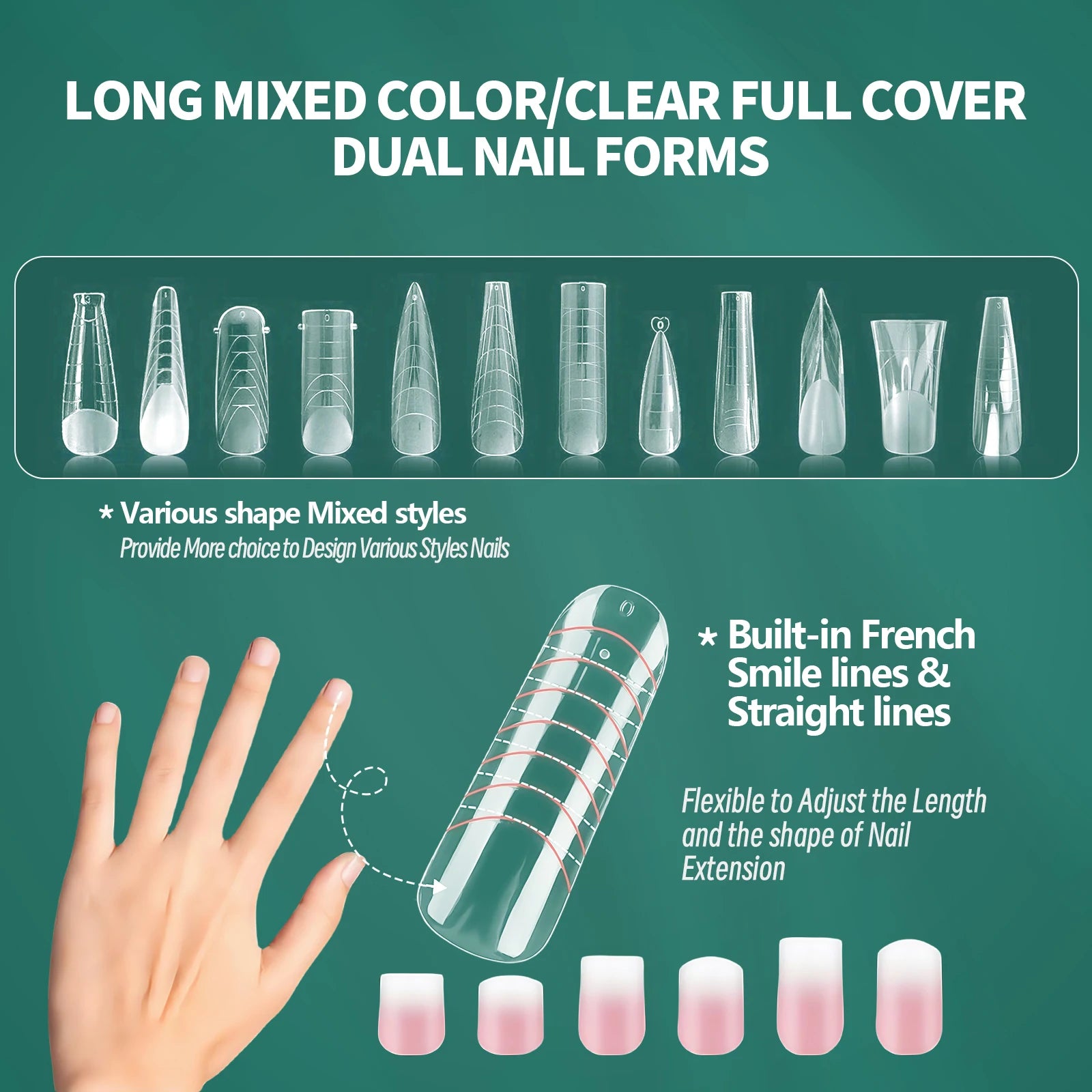 Moules réutilisables à double forme pour ongles, 75/150/288/360 pièces, avec échelle, différentes tailles et formes, kit DIY Nail Art