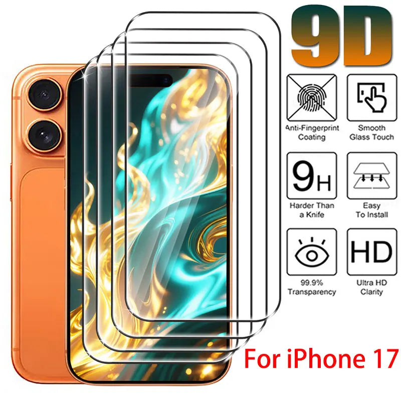Protecteur d'écran 9D, Film en verre trempé pour iPhone 17 14 15 13 11 12 16 Pro Max Air 16E SE 7 8 Plus XR XS X, verre de protection