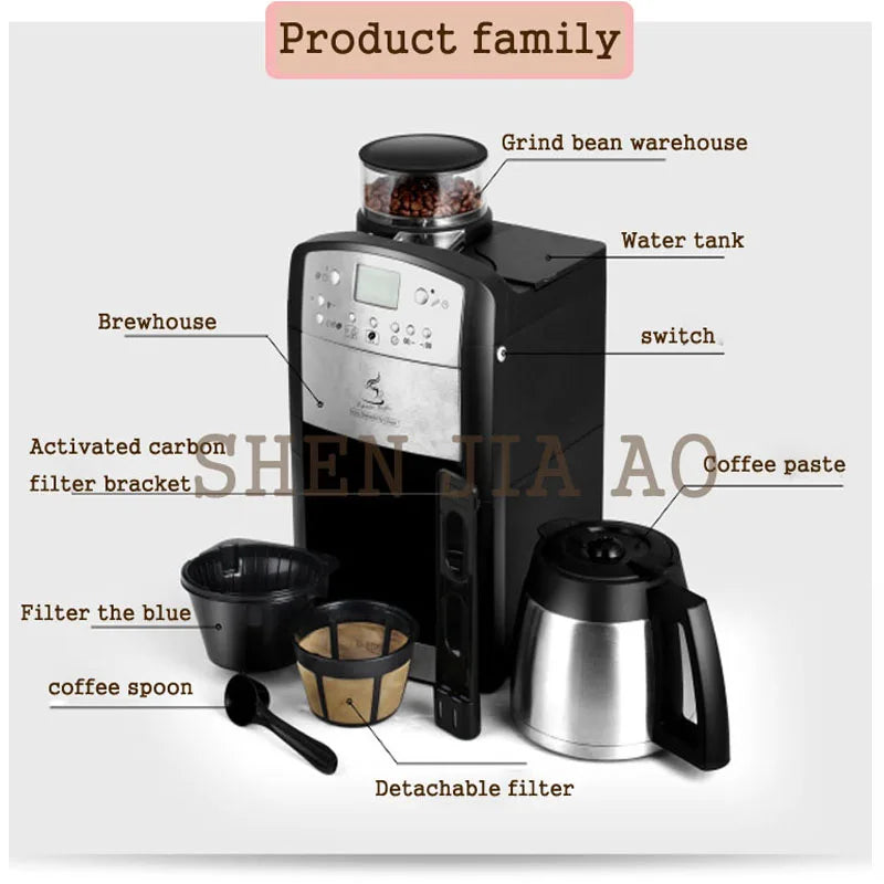 American coffee machine with integrated grinder for home and office, 1500 ml coffee machine 