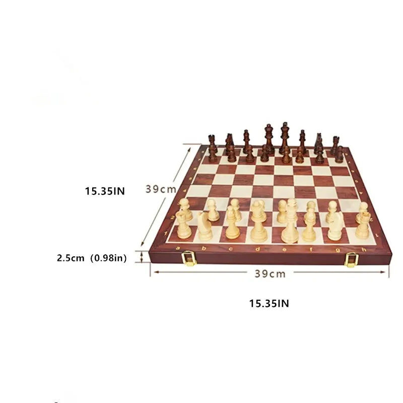 Solid Wood Chess Set with 2+ Pieces, High Quality Folding Board, Match Game, Entertainment, 39x39cm, 15.35inch