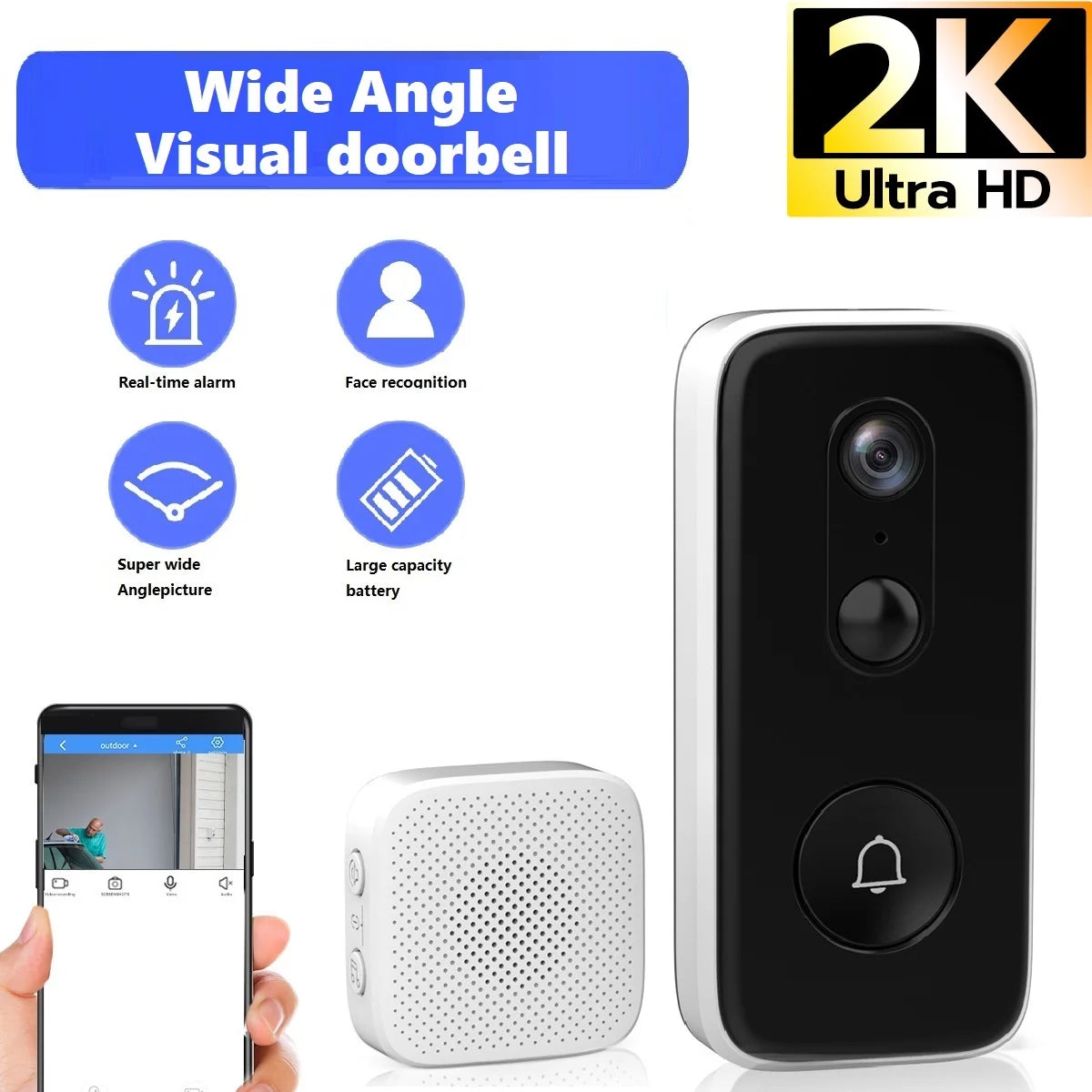 OAN 2K HD Wireless Video Doorbell Smart Doorbell Video Home Intercom HD Night Vision 2.4G WIFI