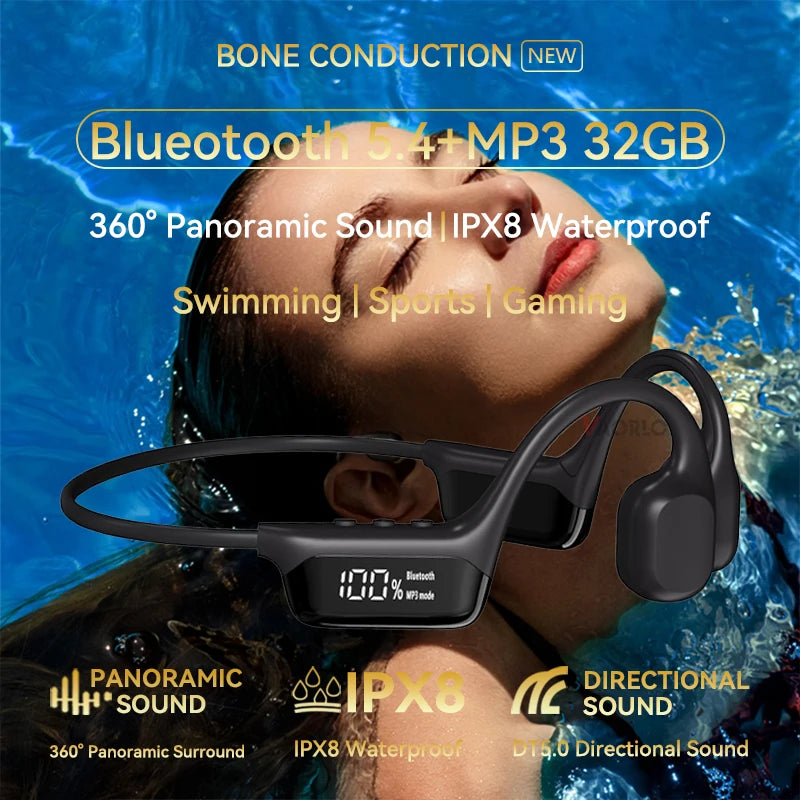 Casque à conduction osseuse sans fil Bluetooth 5.4 IPX8, Niveau d'étanchéité IPX8, adapté à la natation, aux sports et au cyclisme Casque indolore Prise en charge d'un lecteur MP3 avec une mémoire de 32G