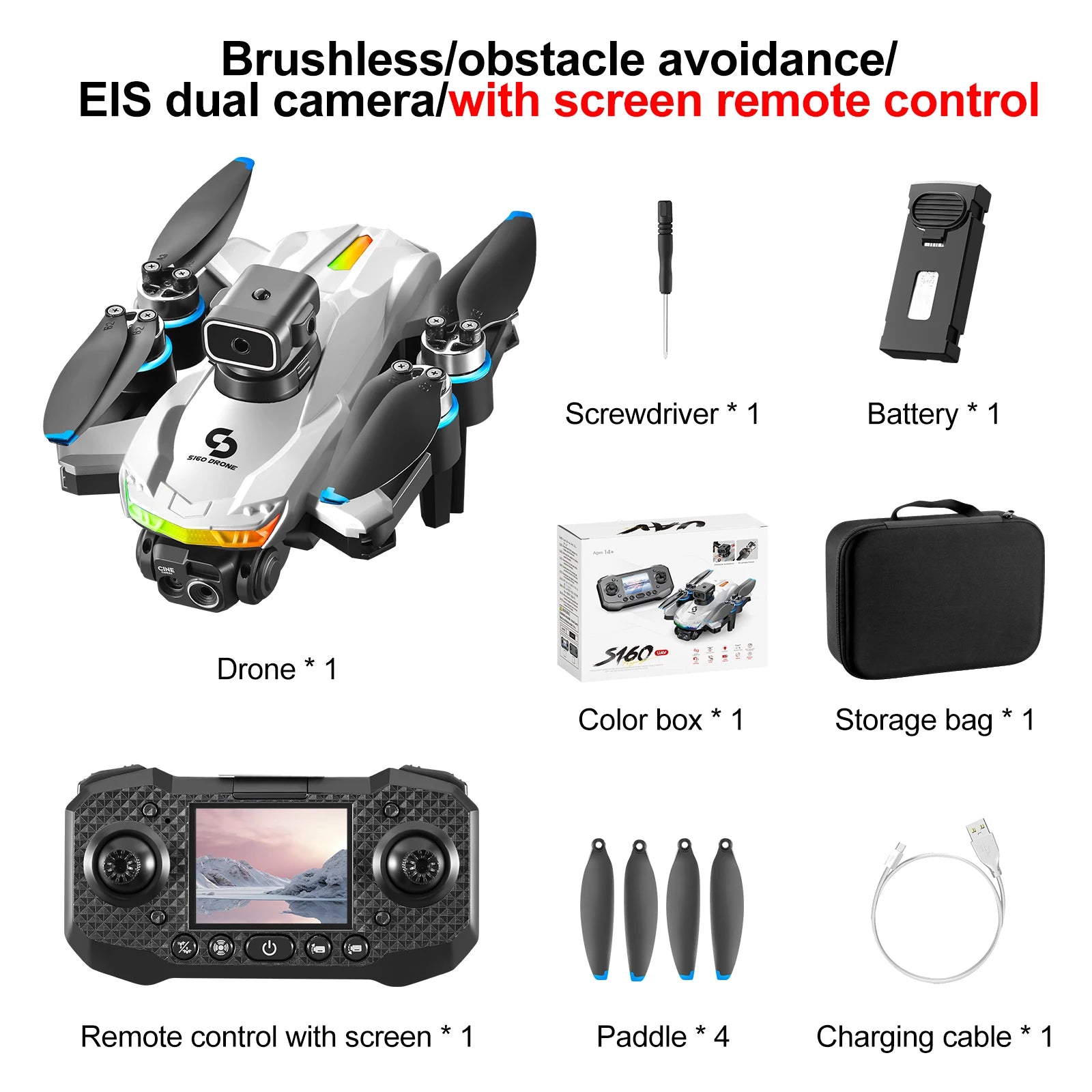 Drone S160 Pro 6K HD EIS – Drone FPV à double caméra avec écran RC, LED colorées, moteur sans balais