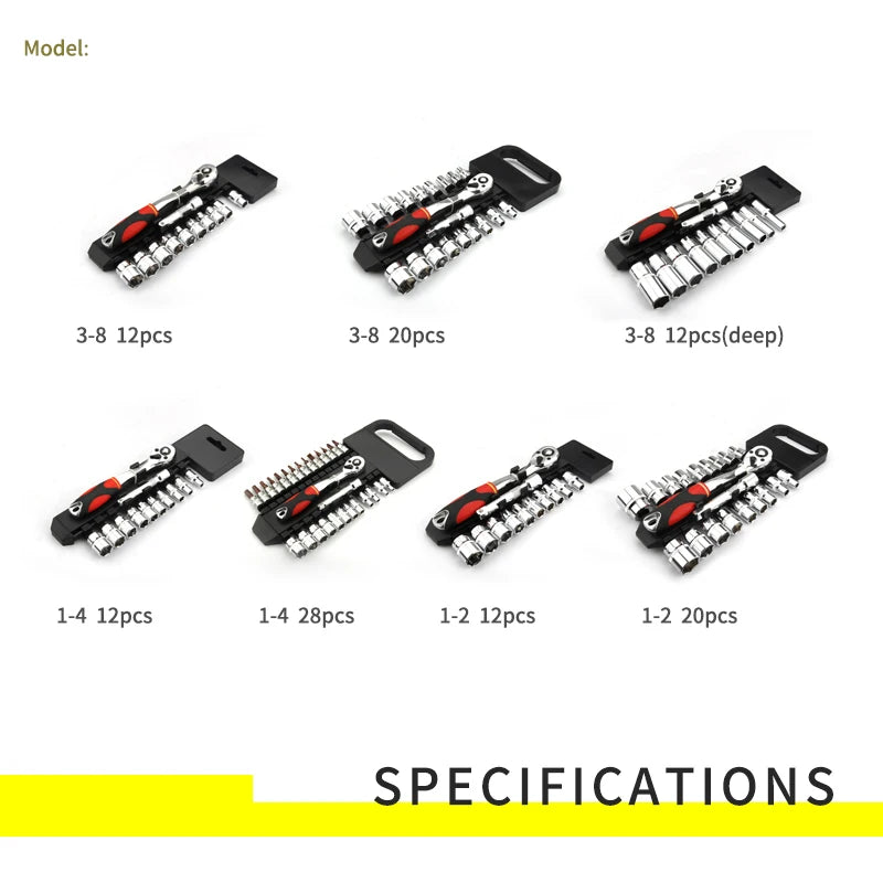 Quick Release Reversible Ratchet Wrench Set Tools with Hanging Bracket 1/4", 3/8", 1/2", 6.35mm, 10mm, 12.5mm