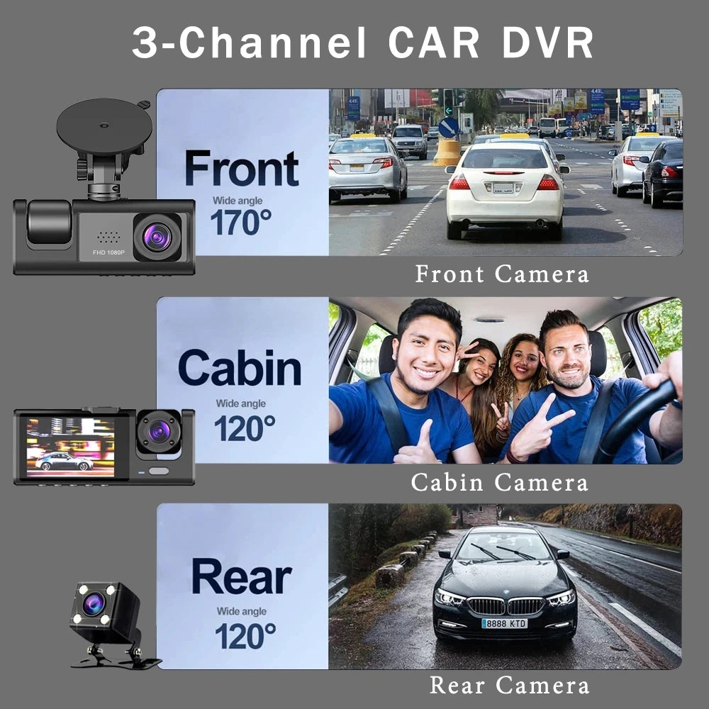 Three Way Dashcam Car Dashboard Camera, 3 Channel HD 1080P DVR Video Recorder, 3 Lens 