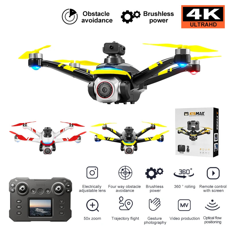 Drone K15 Max Version Contrôlée par Écran avec Caméra HD 4K Photographie Aérienne Évitement d’Obstacles Quadrirotor Dron RC Jouets