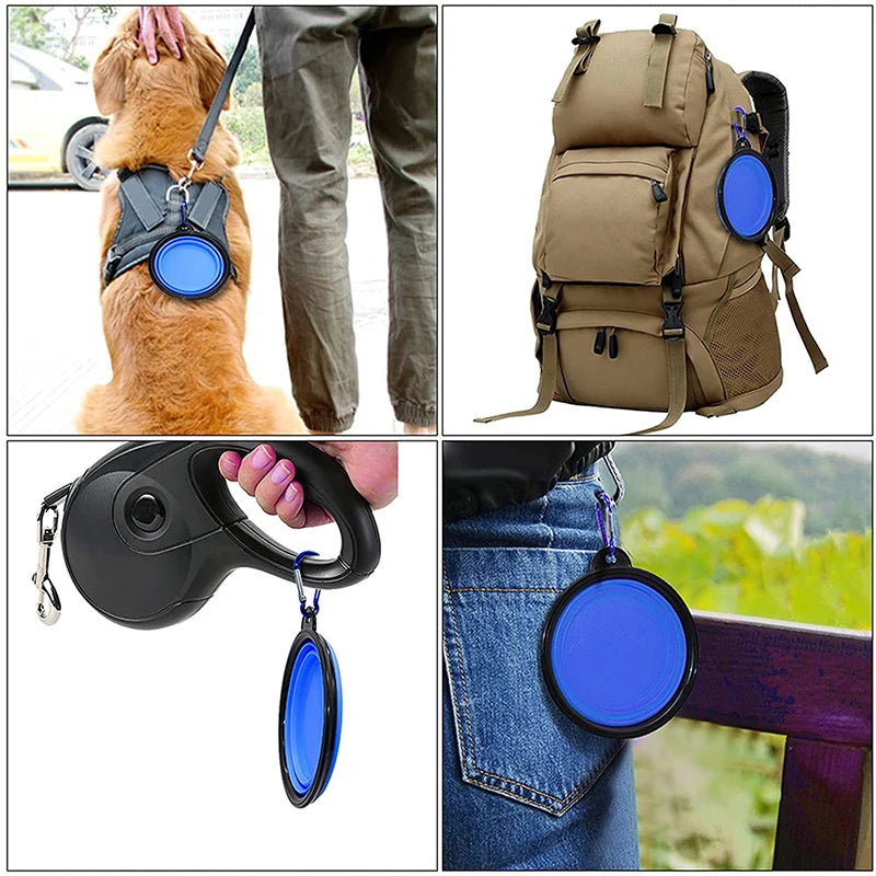 Tragbarer, faltbarer Silikon-Futterspender für Hunde und Katzen, 2-in-1-Haustierspender, Outdoor-Reisen, mit Karabiner, Flasche, Futter- und Wasserbehälter