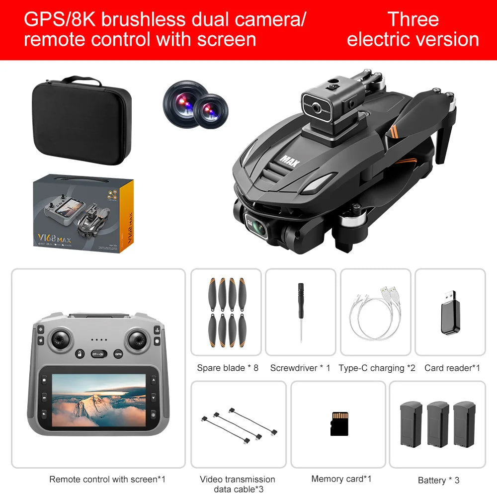 Drone V168 Max Drone 8K – GPS 5G, double caméra, pliable, grand écran, quadrirotor RC professionnel