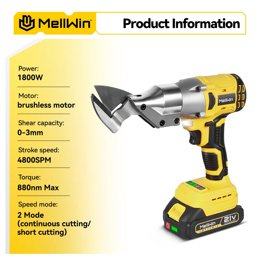 Ciseaux Électriques Sans Balais 1800W MELLWIN – Cisaille de Feuille de Fer Sans Fil, Tête Pivotante 360°, Compatible Makita 18V