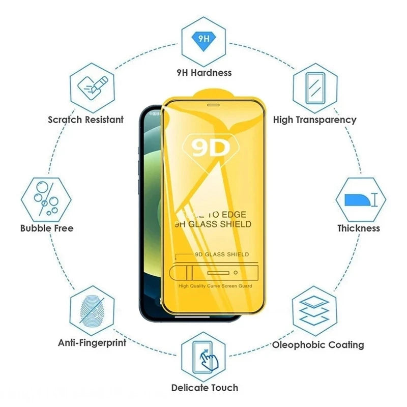 Protecteur d'écran 9D – 1 à 5 pièces – Verre trempé pour iPhone 15/14/13/12/11 Pro Max – Protection écran pour iPhone XR/X/XS Max/6/7/8 Plus