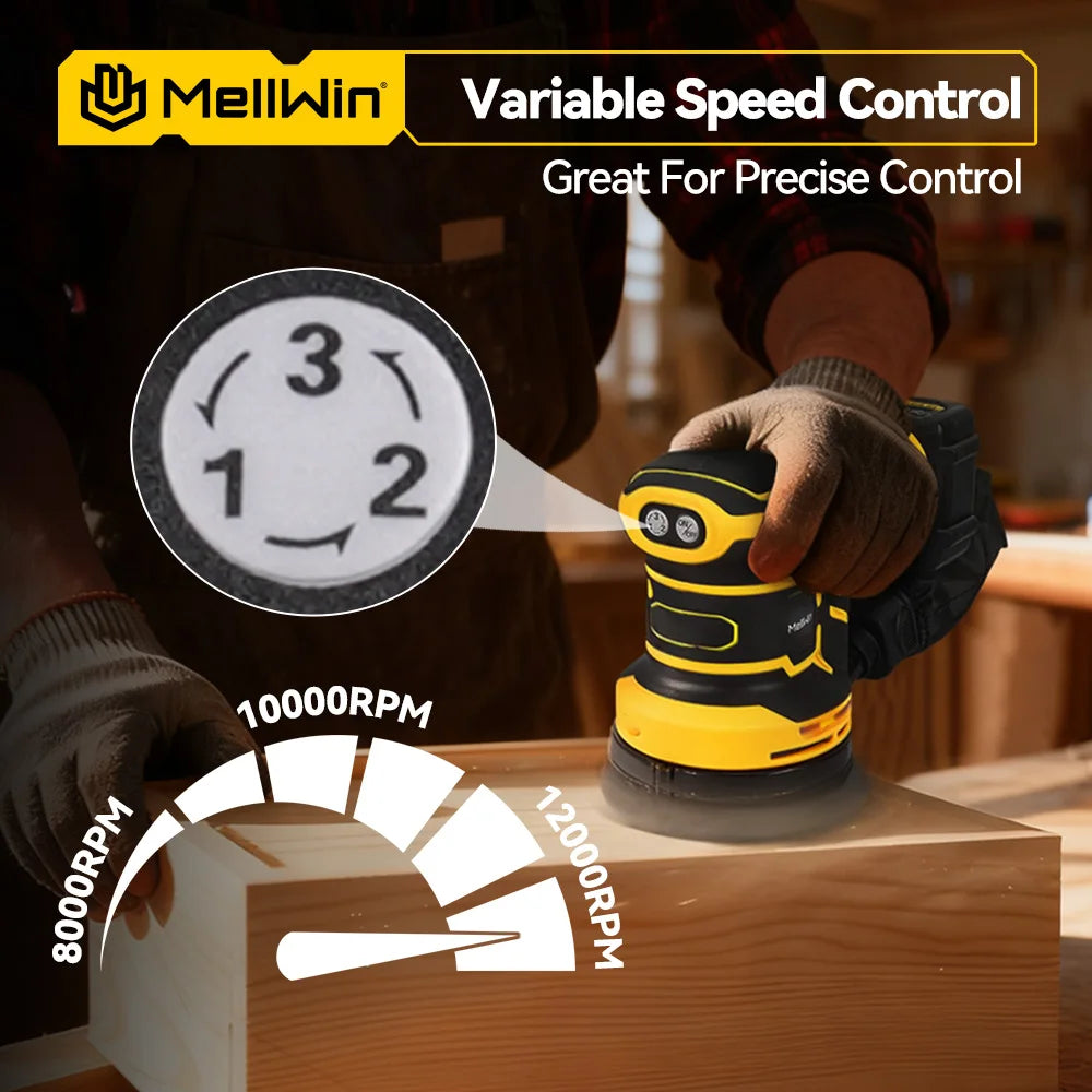 Ponceuse orbitale électrique MELLWIN – 12 000 tr/min, 5 pouces, avec boîte à poussière, pour travail du bois, compatible batterie Makita 18 V / 21 V