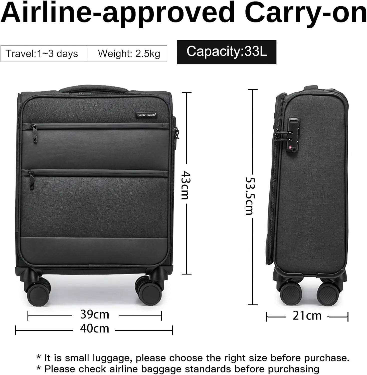 Valise Cargo British Traveller, bagage à main souple, serrure TSA et 4 roulettes