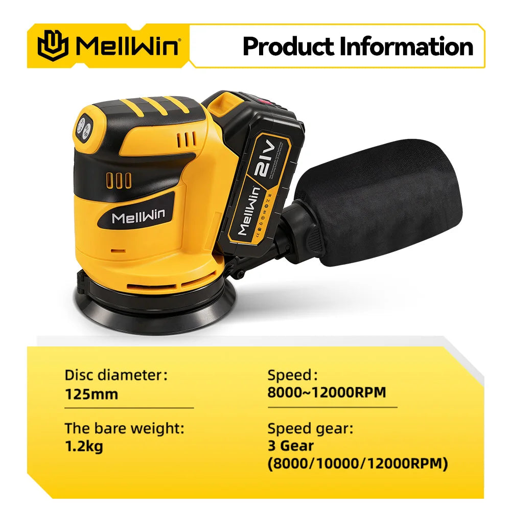 MELLWIN 125MM ponceuse orbitale électrique 3 vitesses réglable sans fil meulage ponçage Machine de polissage pour Makita 18V batterie broche