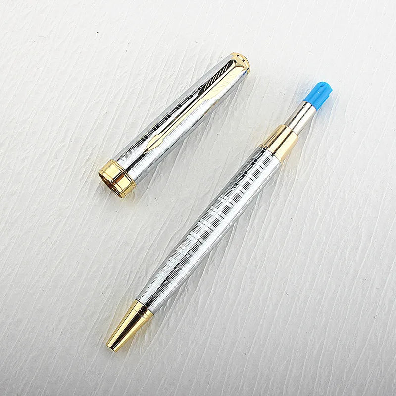 Metal Ballpoint Pen, Stainless Steel, Gold Trim, Writing Gift, Stationery, School and Office Supplies 