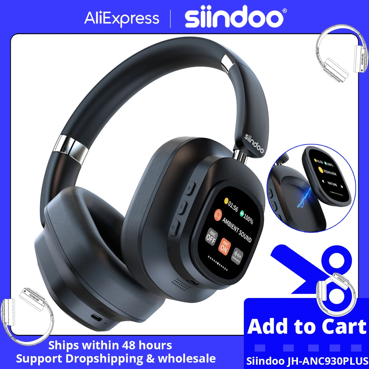 Casque sans fil hybride JH-ANC930Plus Siindoo, casque antibruit actif avec écran LED multi-magnétique à commande tactile