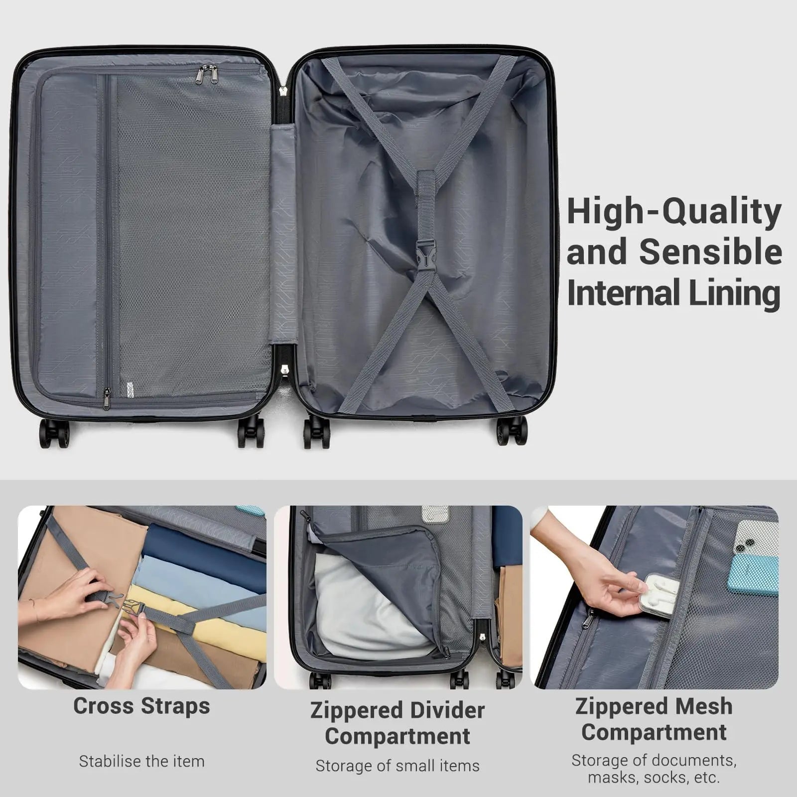 Valise légère à coque rigide avec serrure KONO – TSA, 4 roulettes multidirectionnelles, S-M-L