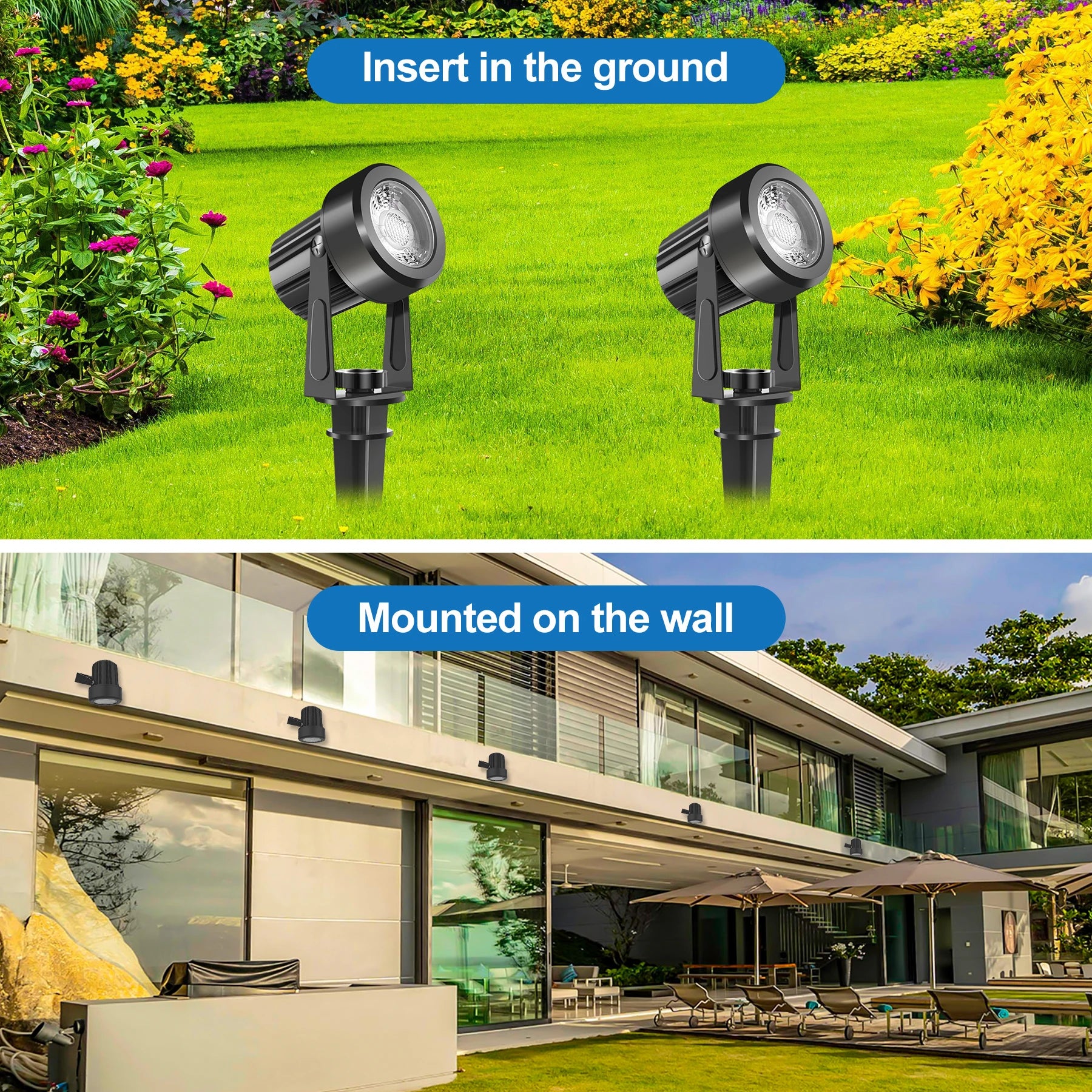 12V/27V LED Niedervolt Gartenbeleuchtungsset – 2 bis 10 Leuchten, 800LM, IP65 wasserdicht, warmweißes Licht 3000K