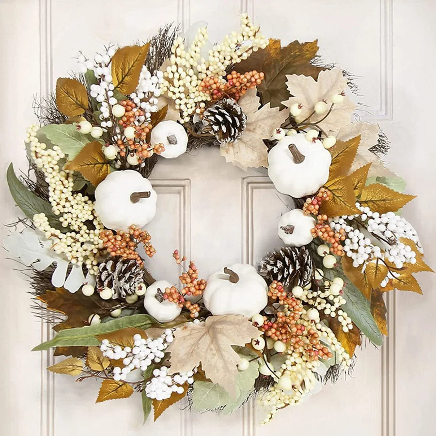 Couronne de fleurs blanche pour la décoration de Thanksgiving, couronne d'érable, porte d'entrée, mur intérieur et extérieur, décor à la maison, automne