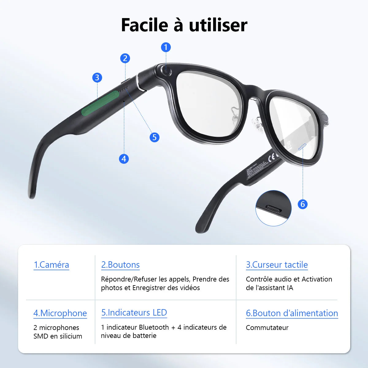 Lunettes Connectées Hganus Nouvelle Version Améliorée 800W avec Caméra, Étui Batterie 3600 mAh, Traduction IA, Enregistrement Photo/Vidéo