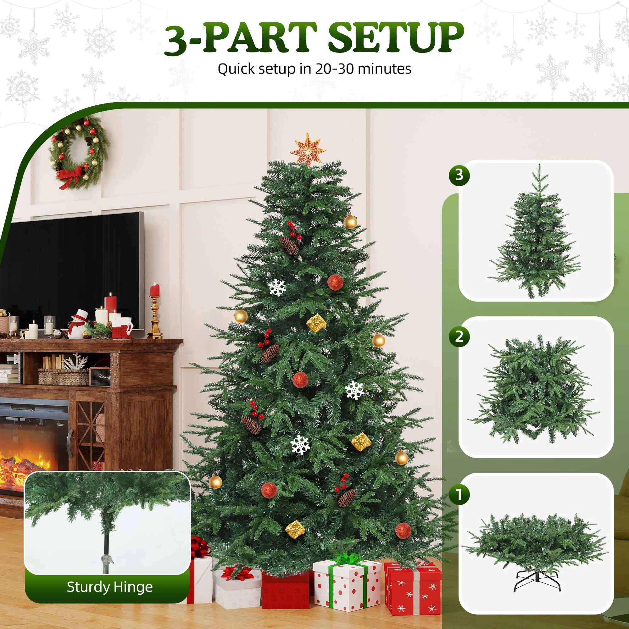 Arbre de Noël Pop-Up 7 pieds Balconera – 1100 Embouts, Structure PE, Montage Facile, Support Pliable (212 × 105 cm)