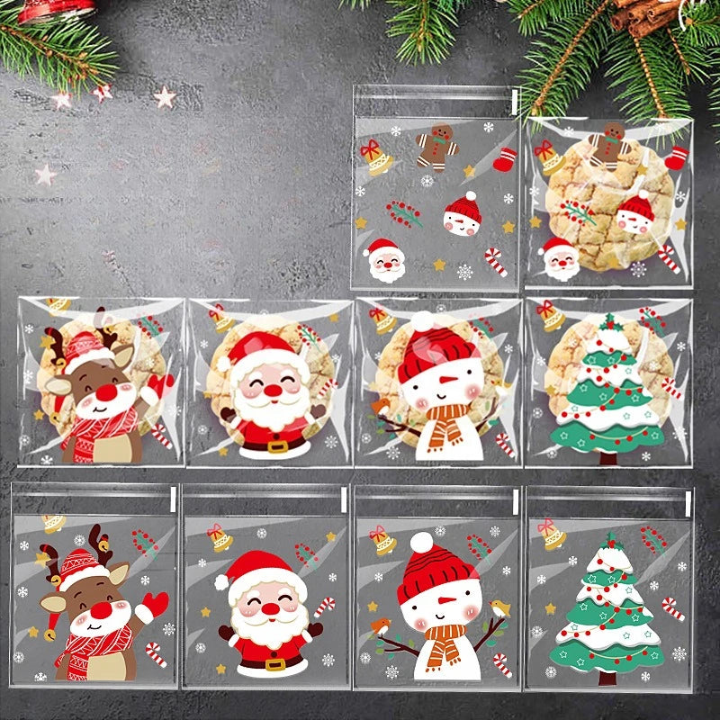 Sacs de Noël 10x10 cm – Lot de 100 sacs auto-adhésifs pour bonbons, biscuits et cadeaux, décorations festives pour la maison et enfants