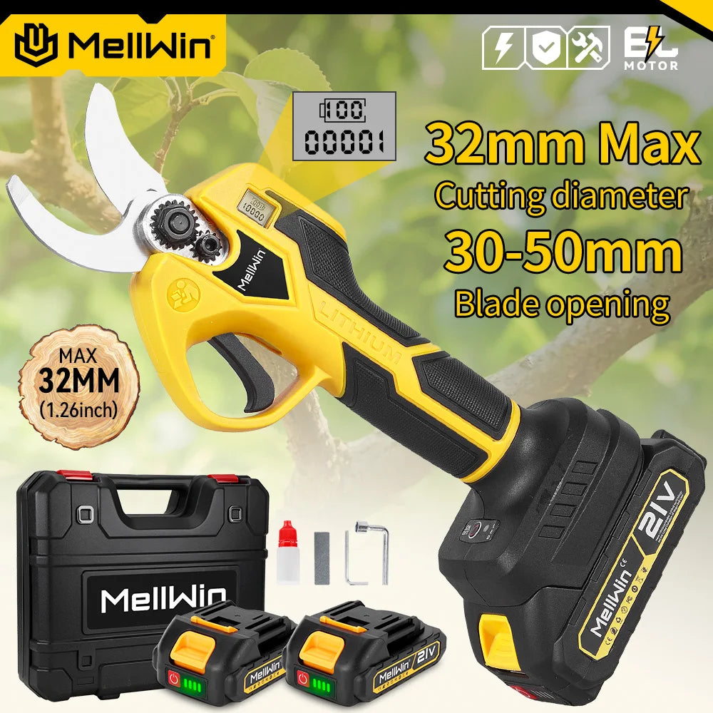 Sécateur électrique sans fil 32 mm MELLWIN – sans balais, cisaille pour arbres fruitiers et bonsaï, ciseaux d’élagage, compatible Makita 18 V / 21 V