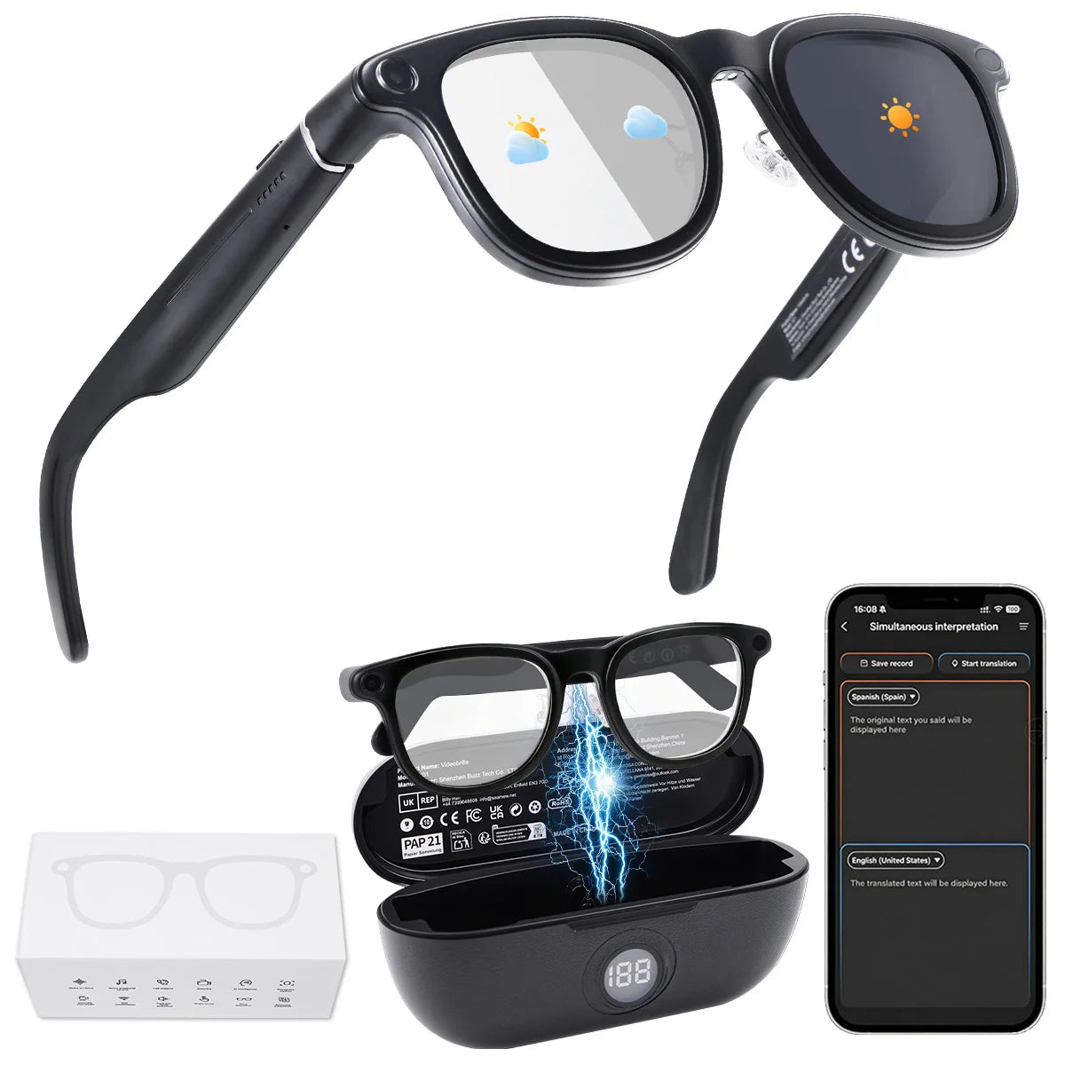 Lunettes Connectées Hganus Nouvelle Version Améliorée 800W avec Caméra, Étui Batterie 3600 mAh, Traduction IA, Enregistrement Photo/Vidéo