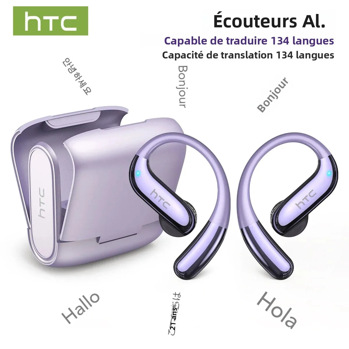 Écouteurs HTC NE23 Bluetooth V6.0 à oreille ouverte sans fil, traducteur IA, appels HD, élégants et fins