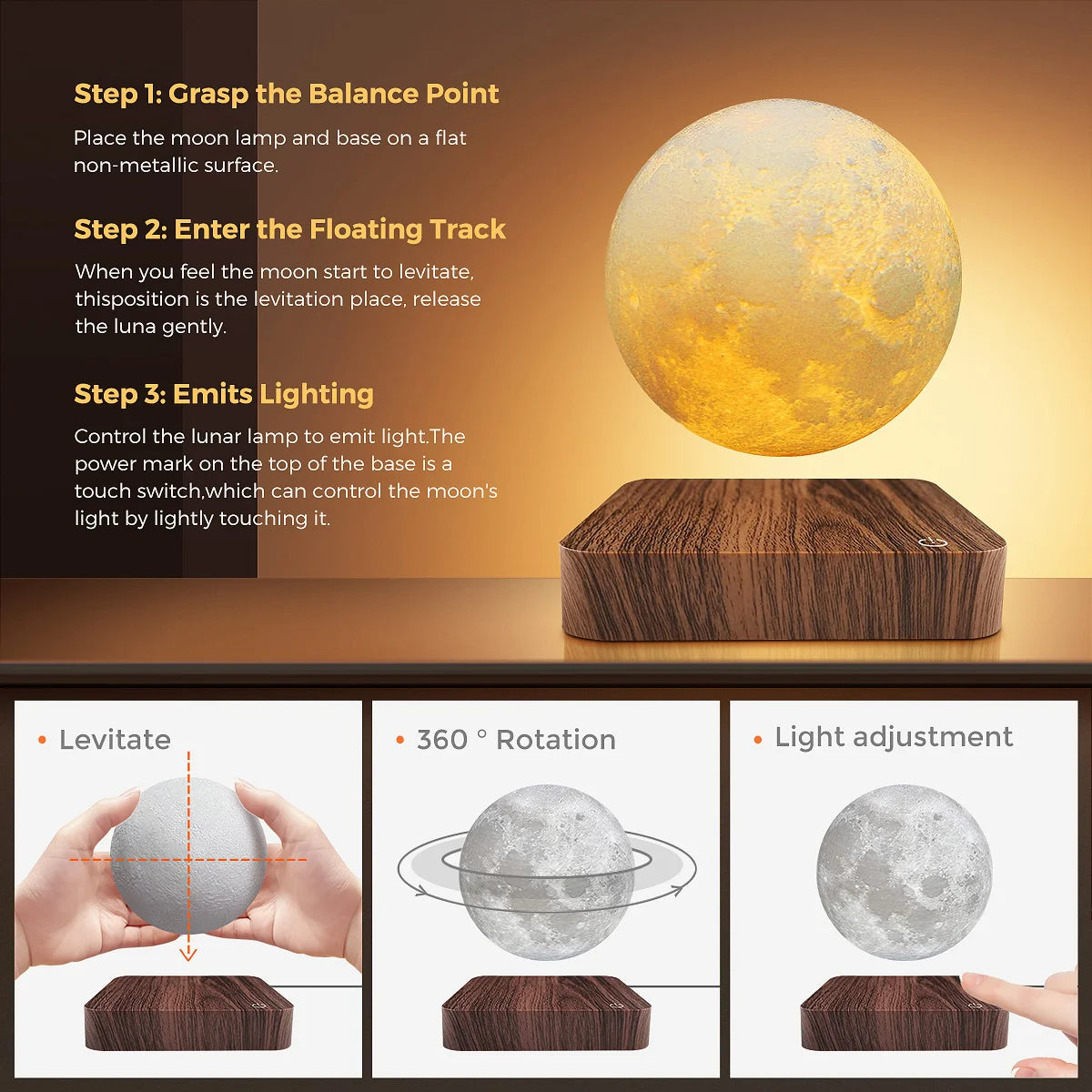 Magnetic Levitating Moon Floating Night Light 3 Color Temperature Creative 3D LED Table Lamp with Wooden Base